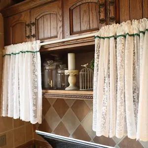 2021 Small American country British modern white floral lace gauze glass cabinet curtain door short dust kitchen curtain