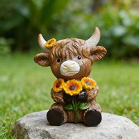 Figurine Sapi Highland Lucu Desain Khusus, Sapi Duduk Menggendong Bunga Matahari, Figur Resin Penyembuh