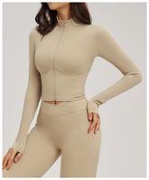 Ensemble de vêtements de sport pour femmes, en spandex/nylon, anti-transpiration, avec fermeture éclair, veste courte à manches longues, short taille haute (moulant), uni