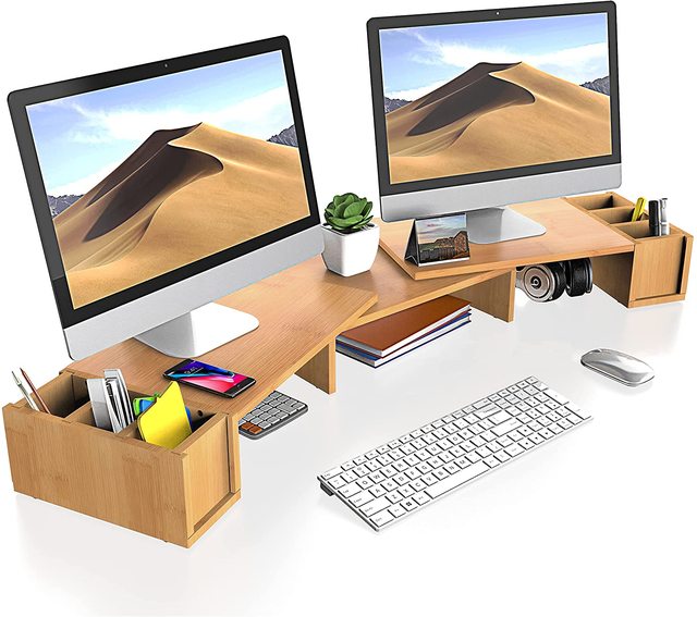 2022 Wood Bamboo Dual Computer Monitor Riser 3 Screen Laptop Stand With Storage Organiser