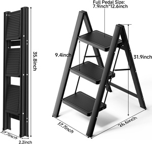 Échelle pliante à 3 marches en fer, portable, antidérapante, pour la maison et la cuisine, gain <span class=keywords><strong>de</strong></span> place, noire (300 lb) - Product Image 5