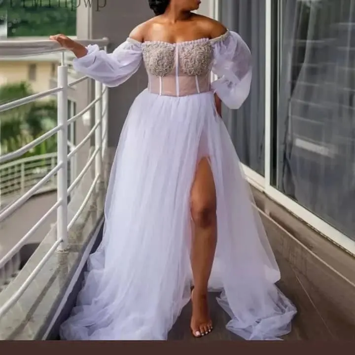 Off Shoulder Long Sleeve Wedding Dresses Lace A Line High Split Tulle Beach Summer Bridal Wedding Gowns