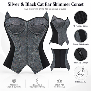 Black and Silver Iridescent Grid <strong>Glitter</strong> Cat Ear Strapless 15 Bones Back Zipper Corset Waist <strong>Trainer</strong> Shapewear for Women - Product Image 4