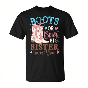 Camiseta unisex con cuello redondo y manga corta con estampado digital de Boots Or Bows Big Sister Loves You, camiseta para adultos para reuniones familiares - Product Image 2