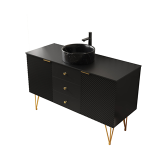 Meuble de salle de bain autoportant GEMA 48 en contreplaqué noir avec 3 tiroirs, 2 portes et dessus en pierre frittée noire - Product Image 6