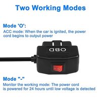 Câble d'alimentation OBD pour chargeur de caméra de tableau de bord Câble OBD2 vers USB Mode Surveillance/Acc 24 heures avec bouton de commutation Adaptateur secteur OBD2