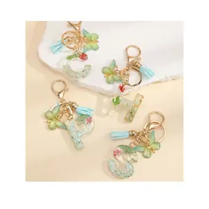 새로운 디자인 녹색 말린 꽃 크리스탈 나비 술 아크릴 편지 열쇠 고리