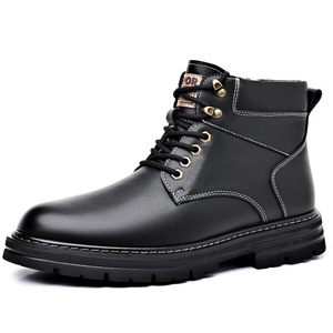 Bottes Martin pour homme, hauteur cheville, bout rond, dessus en cuir, doublure en fourrure, imperméables, antidérapantes, semelle extérieure en caoutchouc isolante, couleur unie - Product Image 5