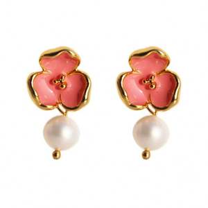 Boucles d'oreilles clous pour femmes, nouvelles, classiques et tendance, en alliage de zinc plaqué argent, avec fleur en cristal rose et perle sertie closée - Product Image 4