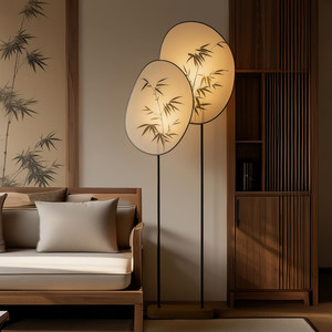 Lampe de sol en tissu à feuilles de bambou orientales, commande tactile, source de lumière à économie d'énergie, pour décoration de salon et de salle de thé - Product Image 2