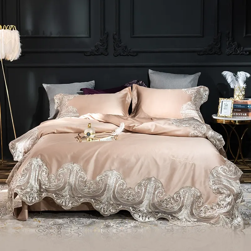 Luxury princess lace european style bedspread 100% cotton green and purple bedding sets 100s