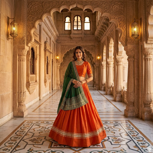Orange Embroidered <b>Lehenga</b> Choli for <b>Women</b> with Green Dupatta Traditional Bridal Wedding Party Wear Ethnic Designer Outfit - Product Image 3