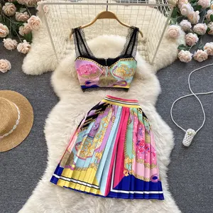 सेट लघु म्यान लगाम शीर्ष उच्च कमर Pleated Bustier दो टुकड़ा स्कर्ट