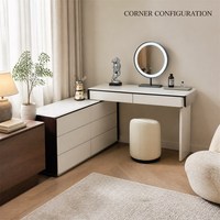 Ensemble coiffeuse avec armoire latérale à 6 tiroirs, miroir LED à 3 couleurs de lumière, coiffeuse en bois multicouche à ouverture par pression pour chambre à coucher
