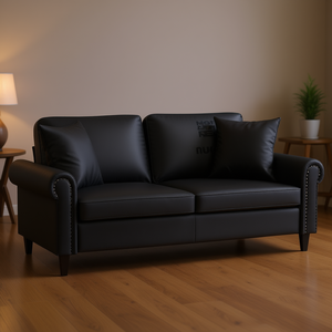 Canapé Chesterfield noir 2 places en cuir PU avec dossier rembourré et accoudoirs roulés, meubles de salon - Product Image 2