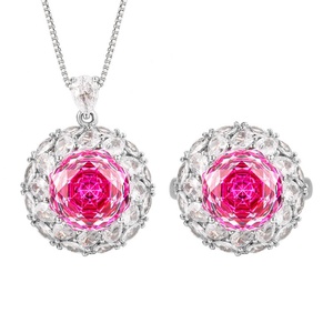 Conjunto de Collar, Pendientes y Anillo de Cobre Ecológico con Zirconia Rosa de 12 mm, Diseño Floral Elegante y Moderno para Bodas y Fiestas - Product Image 1