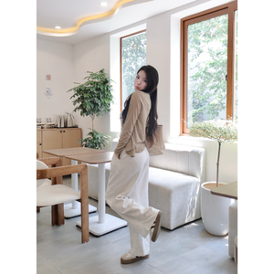 Pantalones de mujer de lana de pierna ancha de precio más bajo con cordón elástico de cintura alta-Pantalones de lana de corte recto Venta caliente - Product Image 6