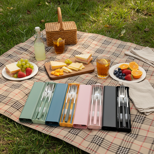 أدوات مائدة محمولة كورية من الفضة المعدنية، طقم أدوات طعام من الفولاذ المقاوم للصدأ، طقم أدوات طعام للسفر 3 في 1 مع حافظة - Product Image 4