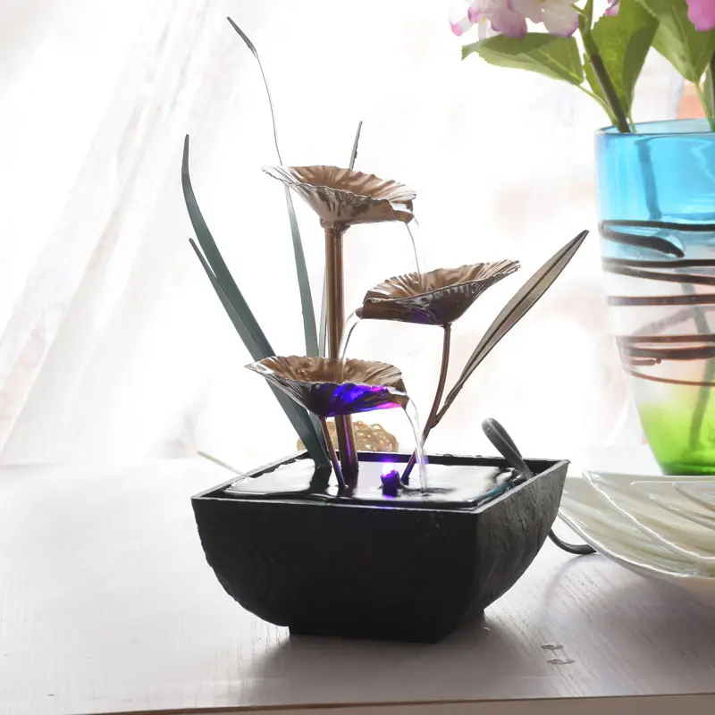 Mini fontaine de Table d'intérieur avec lumière LED, 6 pièces, fontaine à eau artisanat en fer, motif Lotus moulant, pour Table