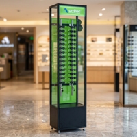 Vitrine d'exposition de lunettes en métal et acrylique sur mesure à 4 faces, verrouillable, avec barre en aluminium, pour magasin d'optique