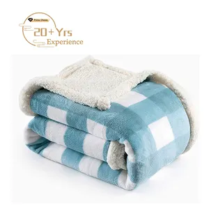 Warm custom Size flannel sherpa double layers blanket 50 x 60 inches plaid Plush and sherpa double sides blanket for Couch Bed