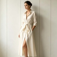 Robe chemise longue élégante à col revers, manches longues retroussables, ceinture à nouer, poche avant fendue, décontractée, unie, pour le bureau