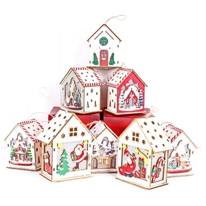 2025 Trending Christmas Decoration Children's Toys Wooden Glow Color Cabin Hanging Christmas Tree Pendant Toys for Kids Gifts