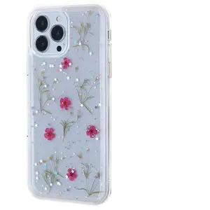 Real Dried Flower Bling Glitter Clear Phone Case For iPhone 15 Pro Max 14 13 12 Luxury Phone Case