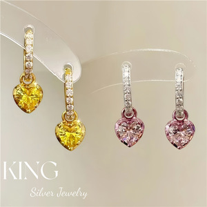 King <b>Silver</b> Jewelry Heart-Shaped <b>Stud</b> Earrings S925 Sterling <b>Silver</b> Yellow Pink Crystal Fashion Gift - Product Image 1