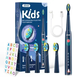 SEAGO 2024 nouvelle brosse à dents électrique sonique pour enfants de type C à poils doux et à nettoyage en profondeur avec autocollants de bricolage 4 têtes de brosse pour bébé