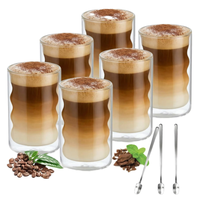 Vente en gros de tasses à café en verre borosilicate à double paroi, tasses à lait ondulées colorées pour la maison et le bureau