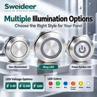 Interrupteur à bouton-poussoir métallique ultra-court Sweideer avec lumière LED, étanche IP65, contact 1NO et fils pré-câblés