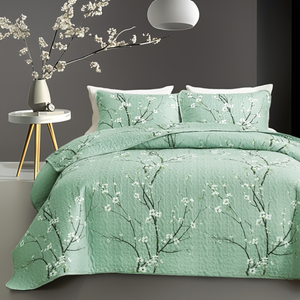 3PCS Multi-color Branch Blooming <strong>Plum</strong> Blossom Printed Quilted Pillowcase Bed Cover Set Hypoallergenic Machine-washable Polyester - Product Image 1