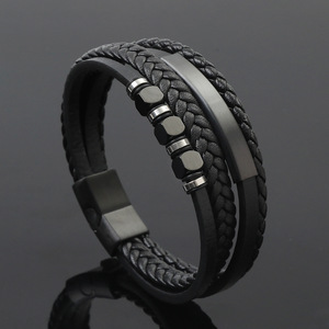 Pulsera de Cuero Genuino Multicapa con Espaciador de Acero Inoxidable Personalizado <span class=keywords><strong>para</strong></span> <span class=keywords><strong>Hombre</strong></span>, Botón Magnético, Joyería Vintage con Trenzado Masculino - Product Image 6