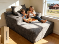 Canapé compressé moderne pour villa, modulaire et rembourré, avec porte-gobelets intégrés, design spacieux pour se détendre, coins arrondis sécurisés pour les enfants, sans structure rigide