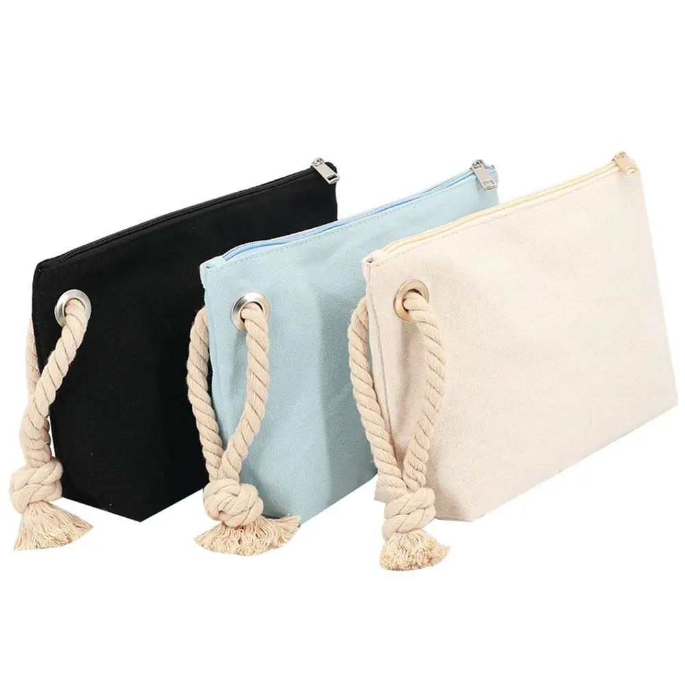 Natural Cotton Rope Portable Cosmetic Bag Factory OEM Cotton Canvas Makeup Bag Custom Logo Printing Canvas Bag with Grommet