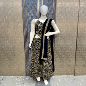Black georget Embroidered Party <b>Dress</b> With Floral <b>Pattern</b> V-Neck Sleeveless <b>A</b>-<b>Line</b> Party Wear Elegant Winter <b>Dress</b> - Product Image 1