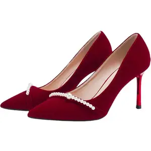 Chaussures rouges à talons hauts chaussures de mariage françaises saison robe de mariée perle de mariée chaussures simples