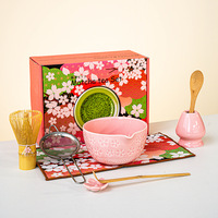 Ensemble de thé matcha japonais Sakura à 7 pièces très vendu, bol en céramique, bec verseur, fouet à thé, support, boîte de couleur haut de gamme