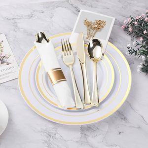 Ensemble <span class=keywords><strong>de</strong></span> vaisselle jetable écologique en <span class=keywords><strong>plastique</strong></span> doré pour 50 invités <span class=keywords><strong>100</strong></span> <span class=keywords><strong>assiettes</strong></span> 50 tasses 50 serviettes roulées argenterie - Product Image 5