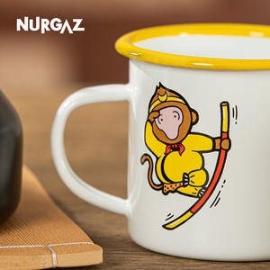 NURGAZ Tasse en émail blanche avec bord jaune, design Wukong, pour camping et extérieur, forme ronde 07024 - Product Image 5