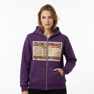 Sudadera con Capucha Morada con Cierre y Estampado Top Secret, Detalle de Pedrería, Estilo Casual Unisex para Otoño - Product Image 1
