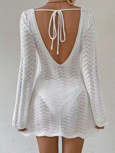 Robe unie ajourée à col rond, polyvalente, à manches longues, pour la <span class=keywords><strong>plage</strong></span>, pour le printemps et l'été, vêtements pour femmes - Product Image 4