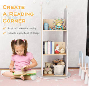 رف كتب خشبي دوار للأطفال بتصميم عصري جديد، أبيض اللون، بثلاثة مستويات، مناسب لغرفة الأطفال وغرفة المعيشة - Product Image 4