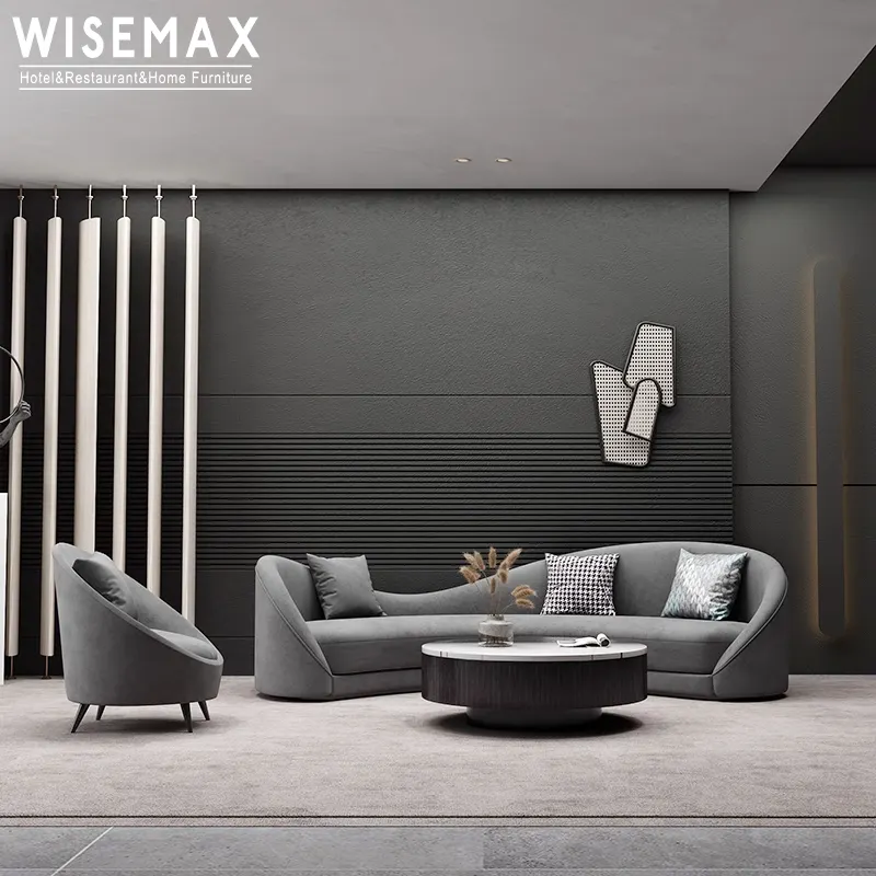 WISEMAX furnitur Modern minimalis ruang tamu bentuk unik Sofa desain melengkung Sofa dengan dasar logam untuk ruang tamu