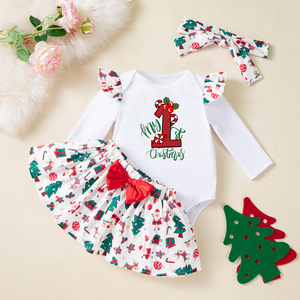 <span class=keywords><strong>Tenue</strong></span> de Noël pour bébé fille, body à manches longues avec imprimé Père Noël et jupe en tulle rouge + bandeau, 0-24 mois, robe de fête de Noël - Product Image 2