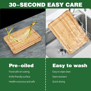 Bamboo Cutting Board Set 1.5 Cm Thick Rectangle Chopping Blocks With <b>Drain</b> <b>Rack</b> Antibacterial Kitchen Use - Product Image 4