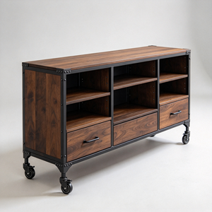 Meuble TV industriel, console multimédia, armoire de rangement en bois avec roulettes, unité de divertissement roulante pour salon - Product Image 3
