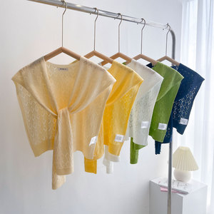Chal Bolero Versátil de Punto Calado Estilo Coreano Musulmán, Color Liso, Delgado y de Alta Gama con Detalles Multicolor para Fiesta - Product Image 1