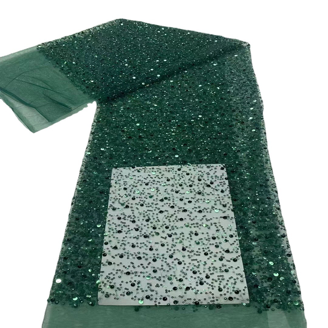 Emerald Green Beaded Fabric Embroidery Iridescent Sequin Fabric for Wedding Gowns Sequin Mesh Fabric for Stage Performances